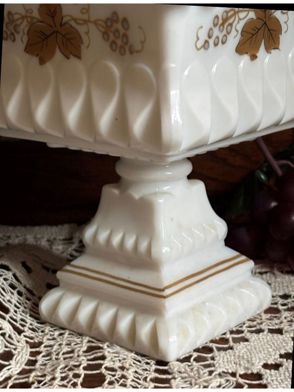 Vintage Westmoreland Milk Glass Covered Candy Dish | Gold Grape Pedestal Compote - Picture 3 of 9